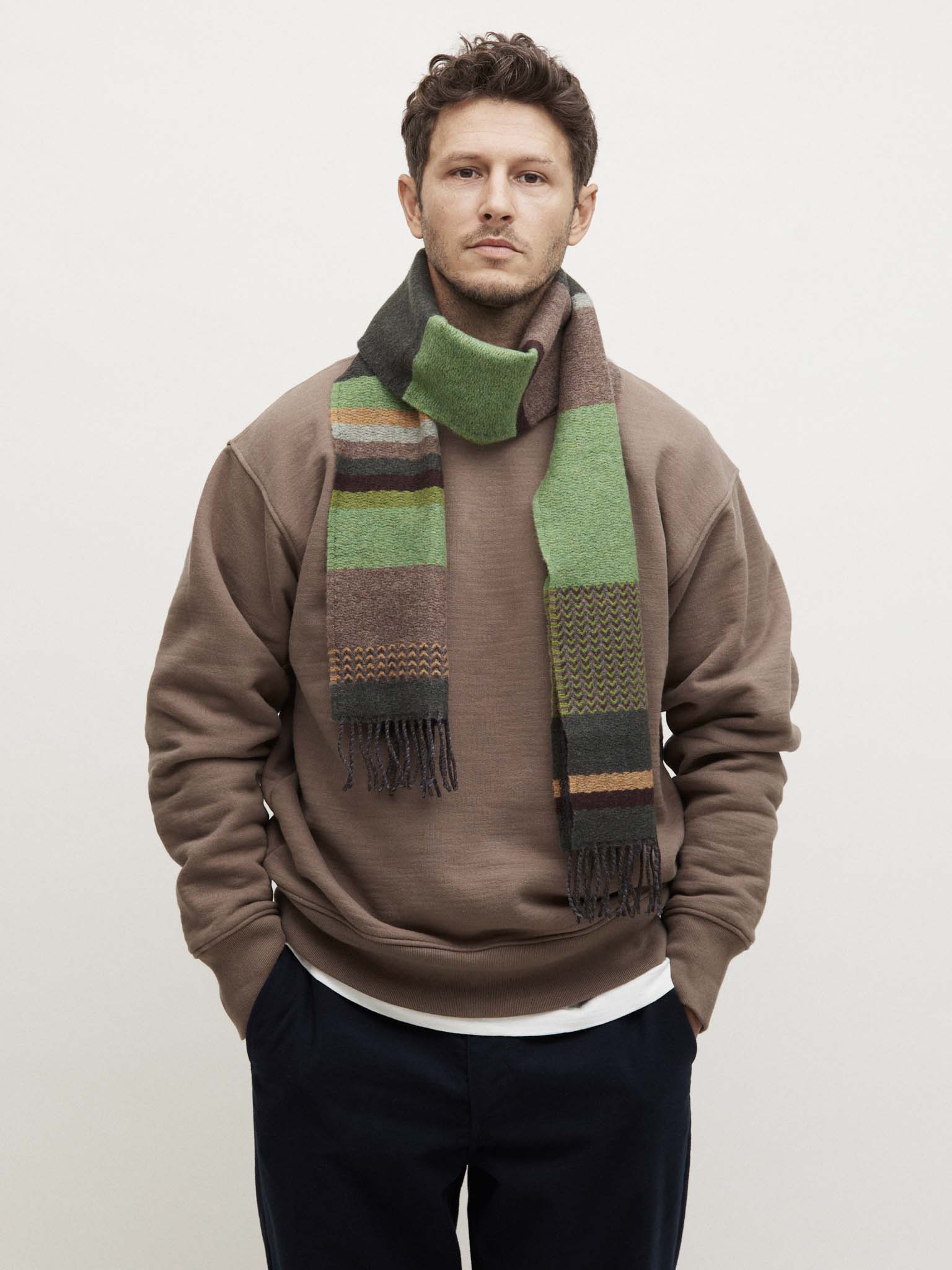 Lambswool stripe scarf - moss green - Clothing - Shop - Monocle